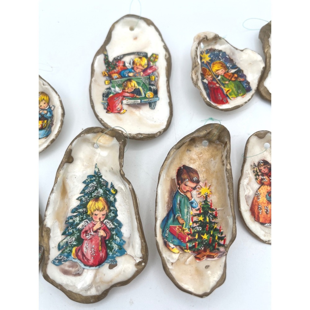 Vintage Decoupage Angels Oyster Shell Christmas Ornaments Handmade Kitsch 10 pc - Picture 2 of 6